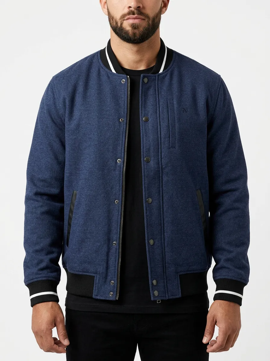 Men's Casual Blue Wool Blend Striped Ribbed Varsity Jacket