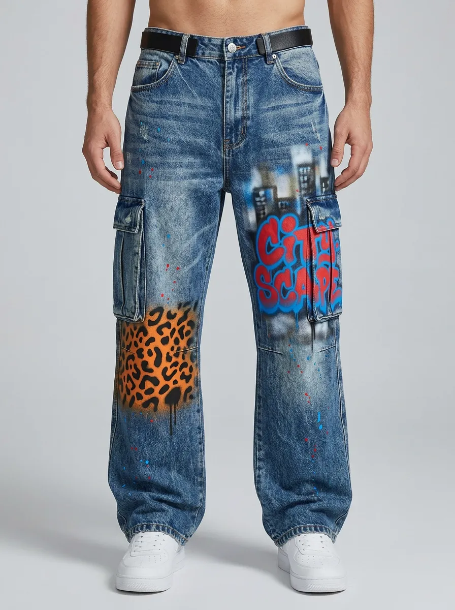 Men's Streetwear Cityscape Leopard Graffiti Graphic Cargo Jeans