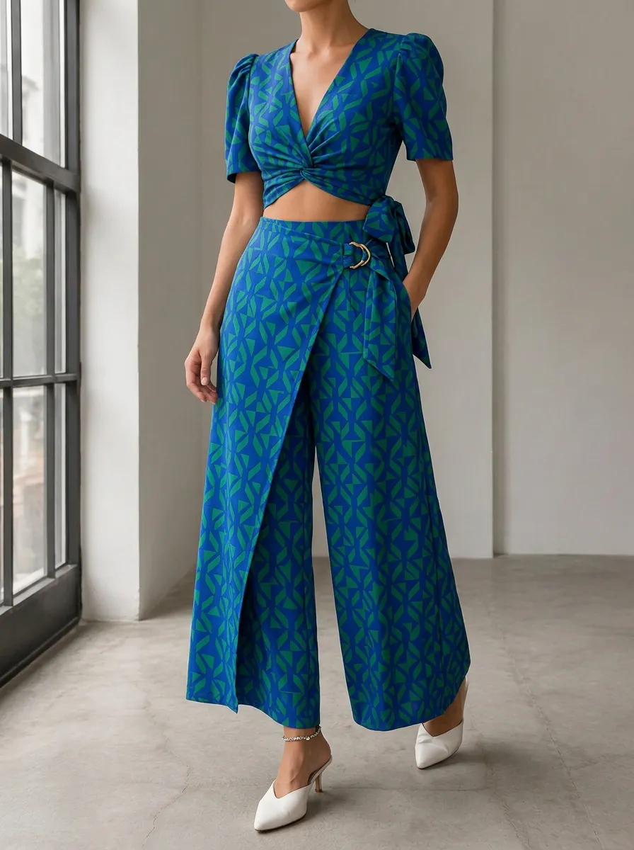 Women's Flowing Geometric Pattern Twist Front Patterned Crop Wide Leg Pants Set