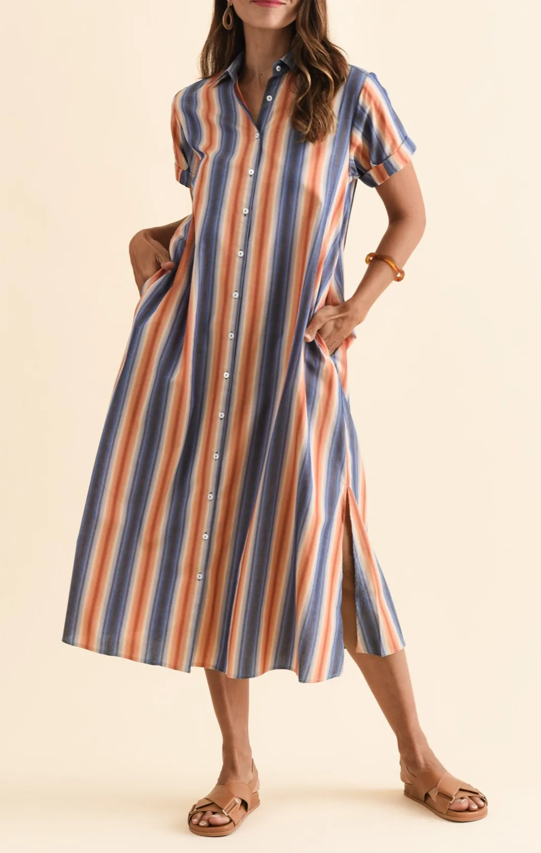 Below-Knee Striped Cotton Pocket Side-Slit Collared Short-Sleeve Dress