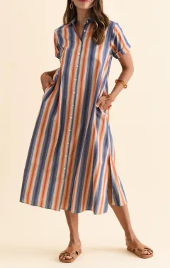 Below-Knee Striped Cotton Pocket Side-Slit Collared Short-Sleeve Dress
