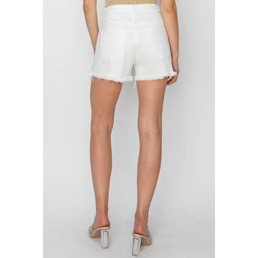 Risen Button Fly Frayed Hem Denim Shorts