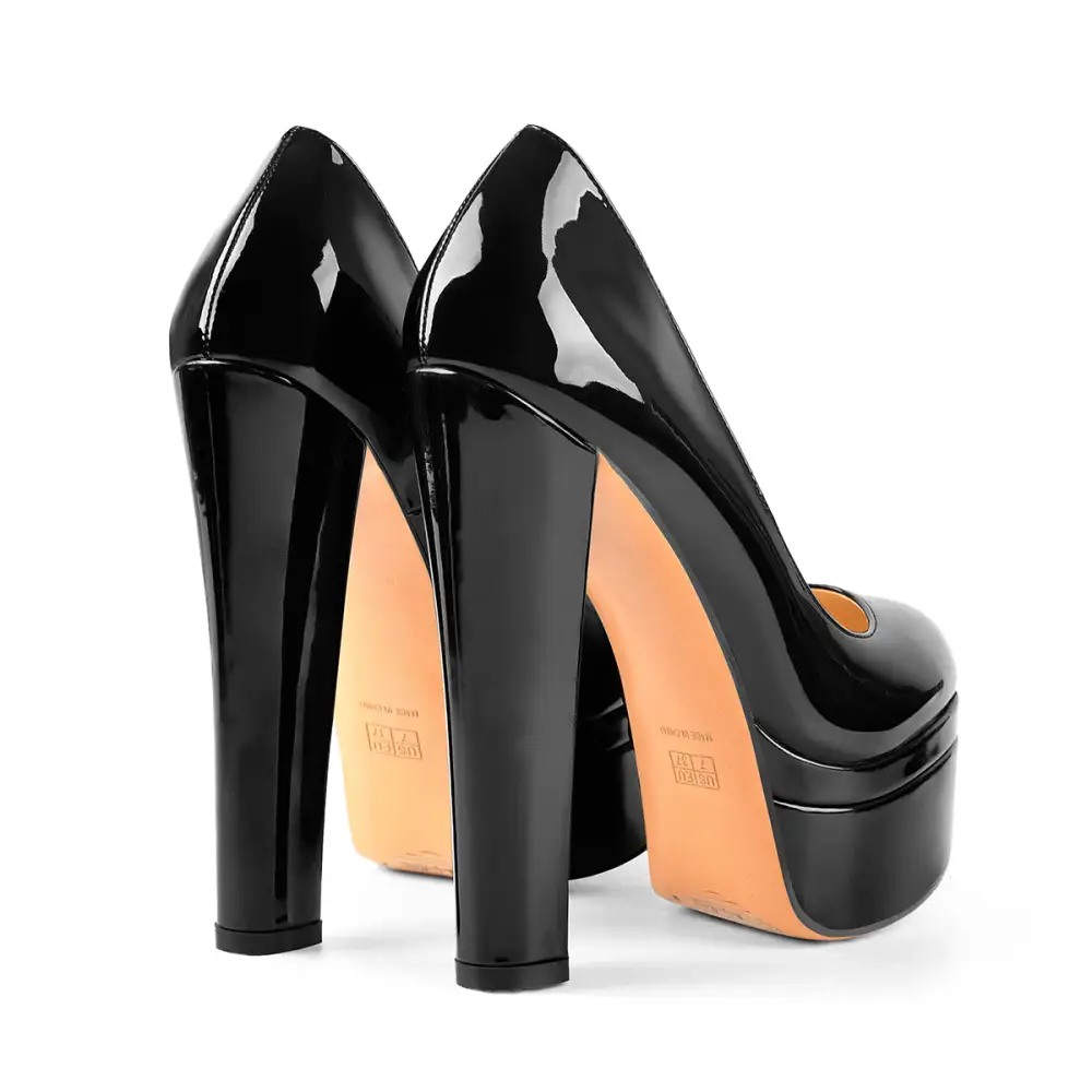Modern Patent Finish Pointed Toe Platform Chunky Heel Pumps