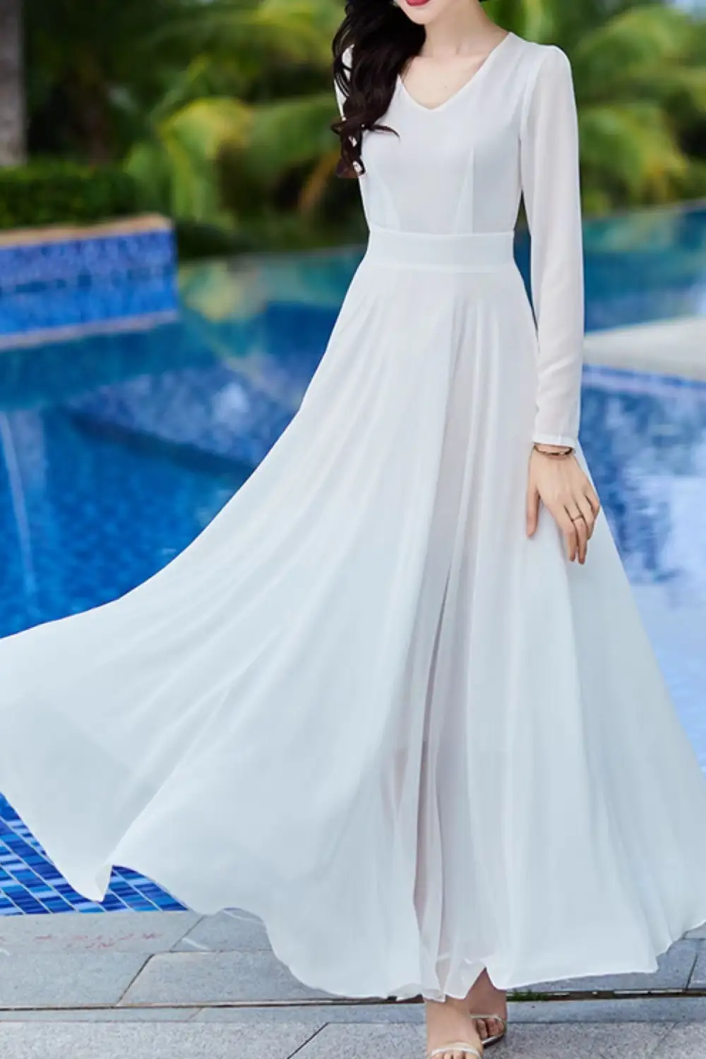 Chiffon Fit And Flare Long Sleeve Maxi Dress
