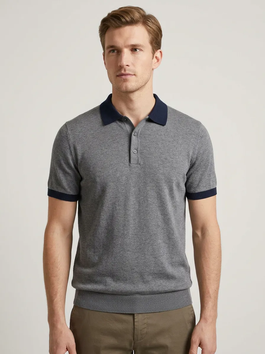 Men's Grey Navy Contrast Trim Knit Polo Shirt