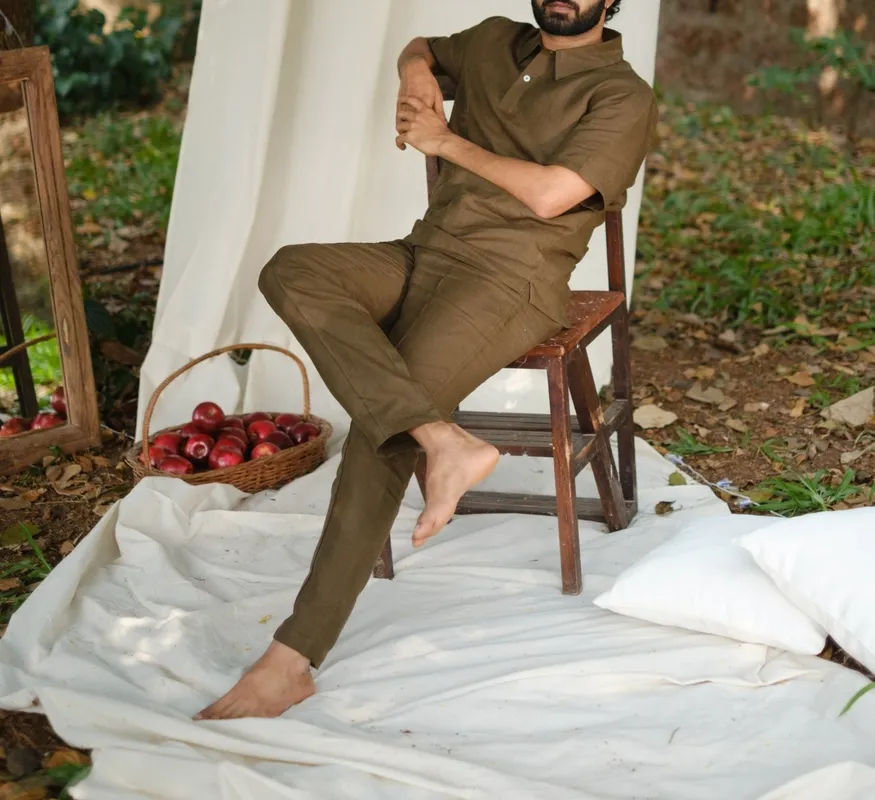 Olive Linen Pintuck Trousers