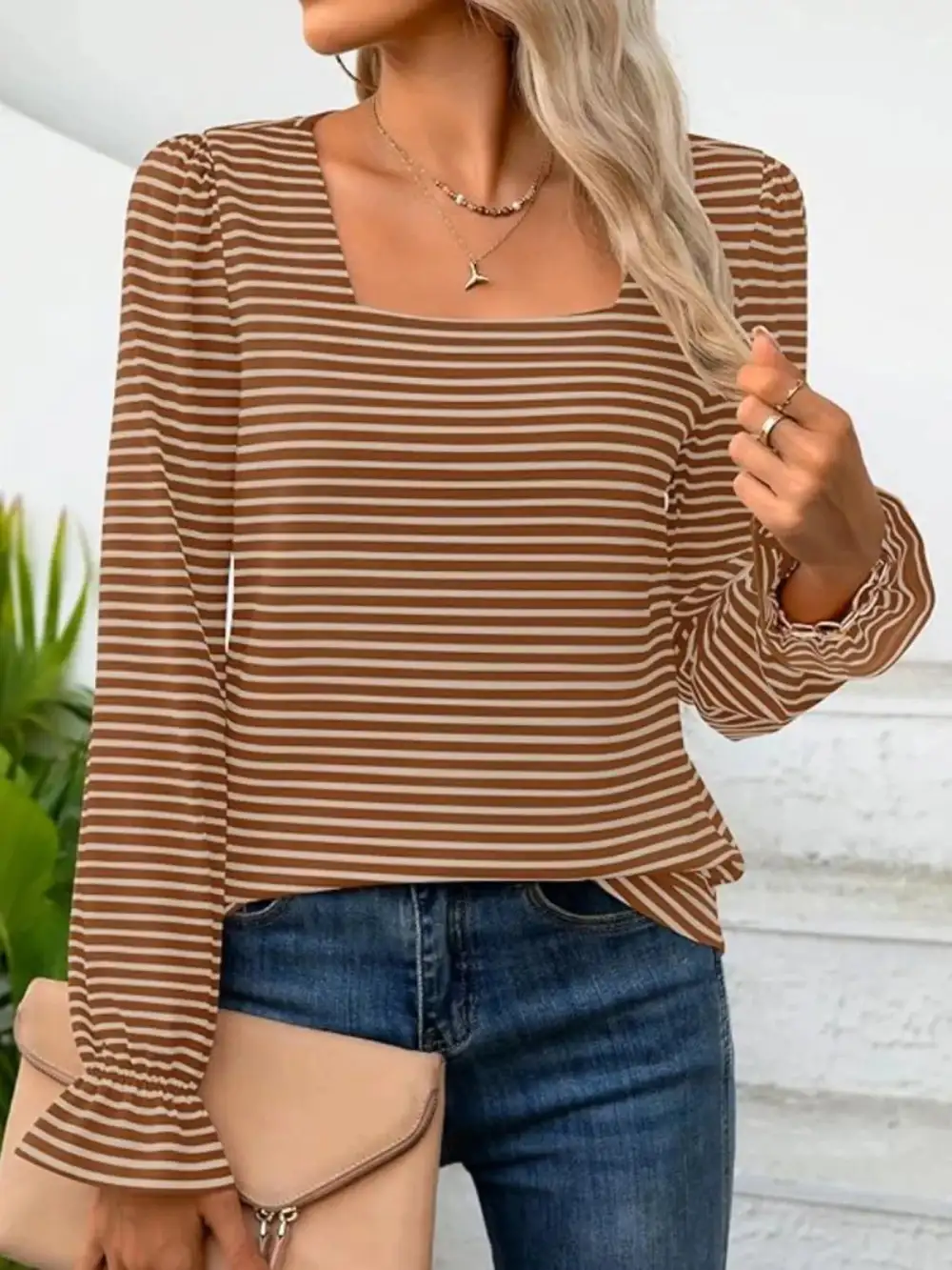 Striped Long Sleeve T-Shirt with Square Neckline