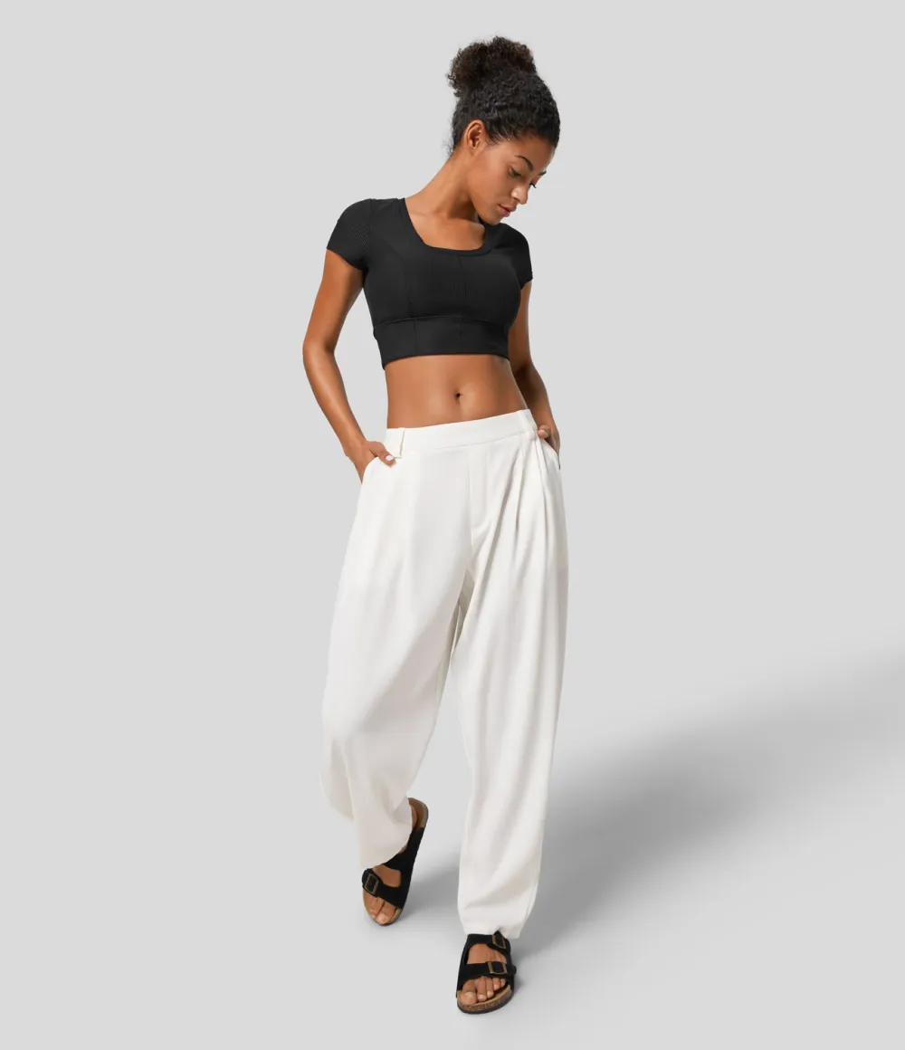 Mid Rise Plicated Side Pocket Barrel Leg Work Pants