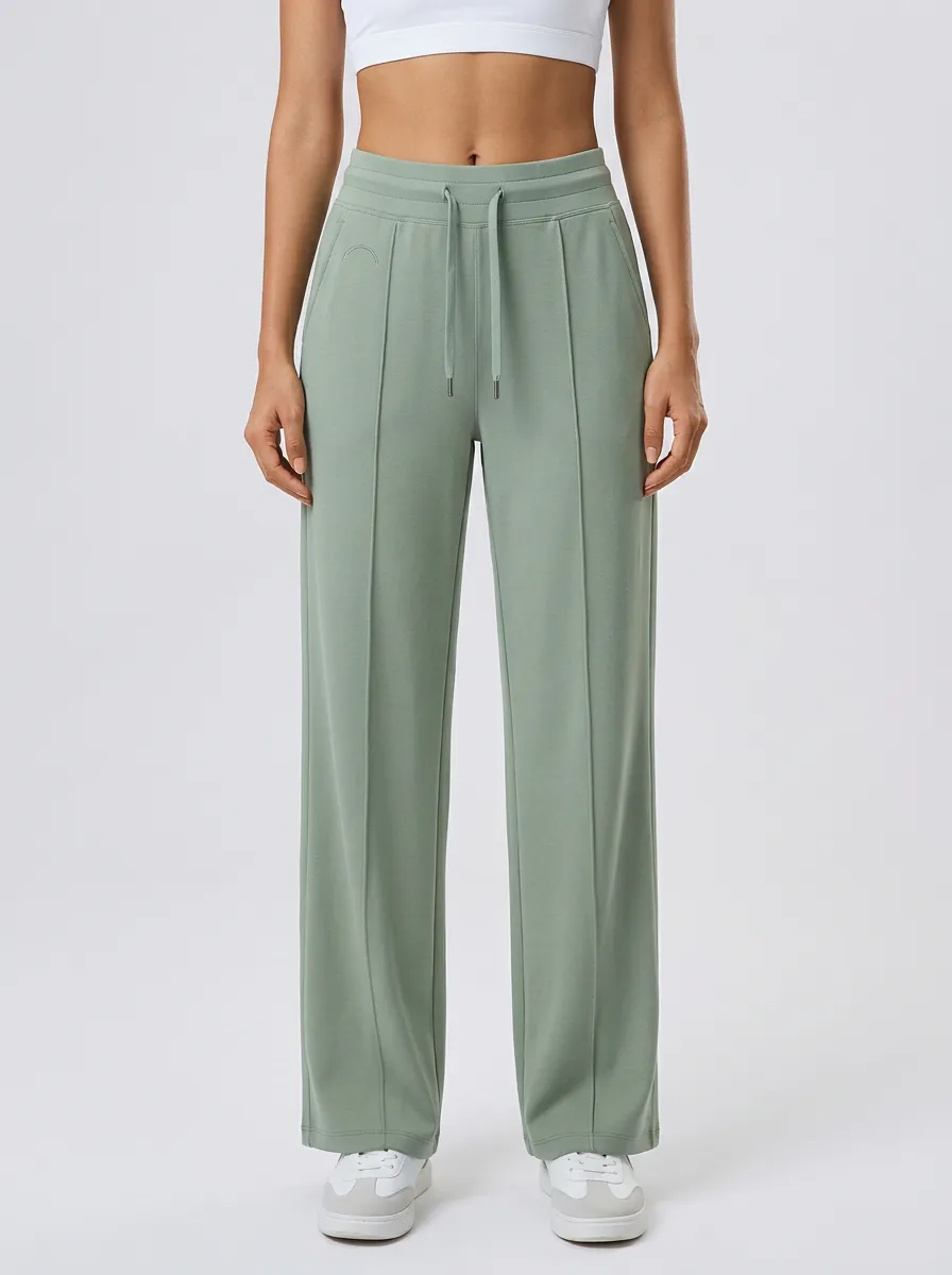 Women's Sage Green Solid Color Drawstring Wide Leg Sweatpants