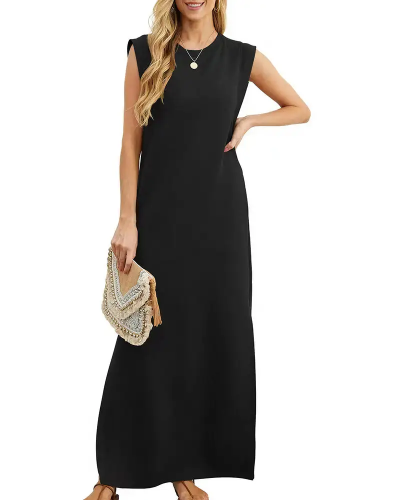 Casual Sleeveless Split Maxi Dress With Pockets