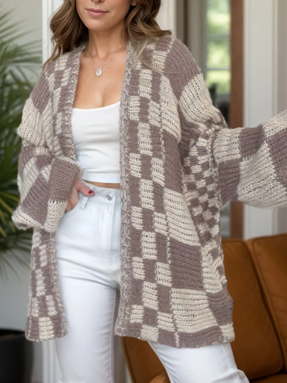 Plaid Open-Front Long-Sleeve Cardigan