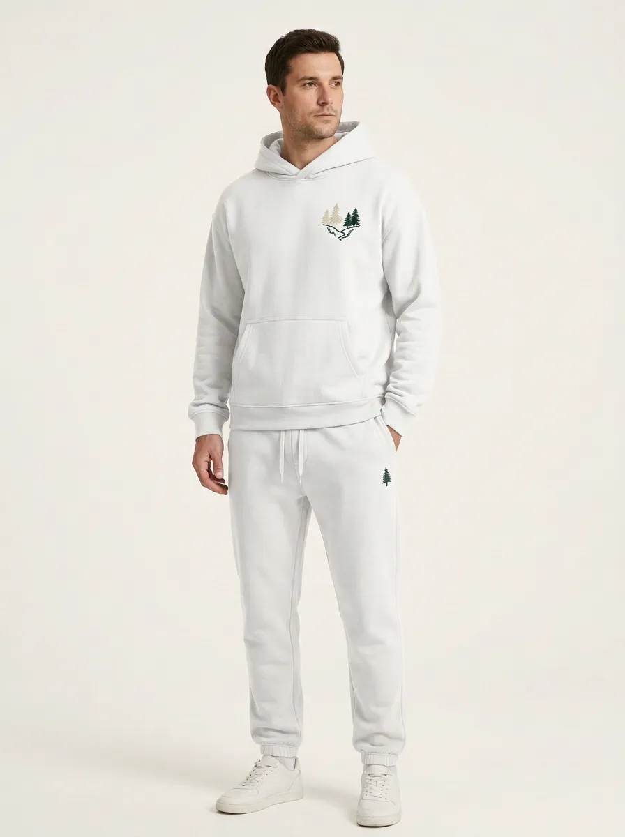 Men's Pine Forest Embroidered Crossover-Hood Jogger Set