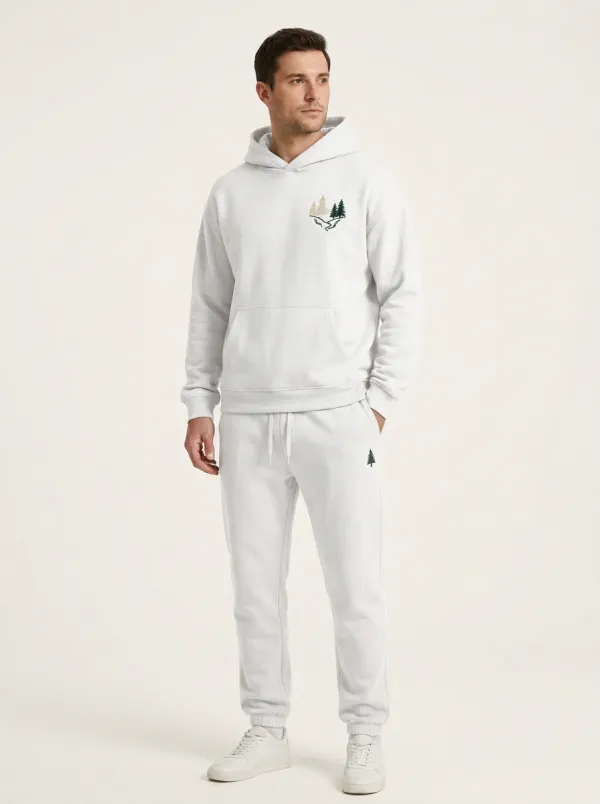 Men's Pine Forest Embroidered Crossover-Hood Jogger Set