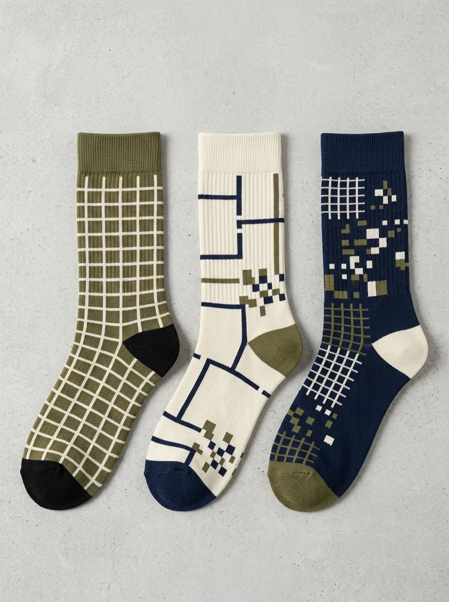 Patterned Grid Geometric Casual Sock Set