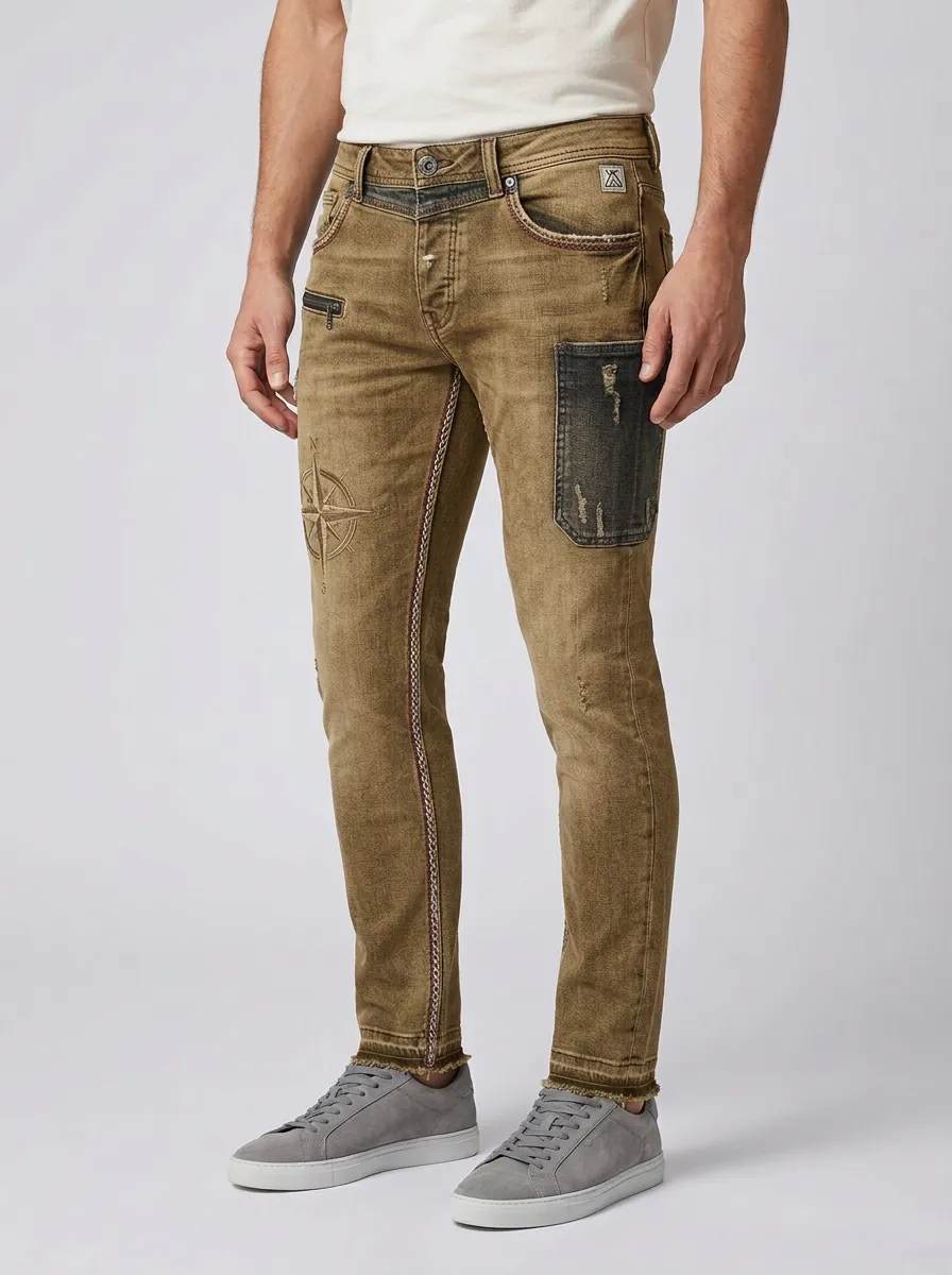 Men's Compass Graphic Patchwork Distressed Printed Slim-Fit Jeans