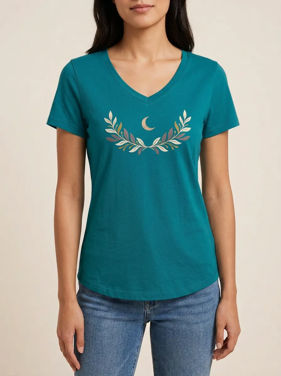 Women's Moon & Leaf Graphic V-Neck T-Shirt