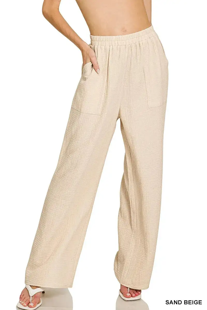 Elastic Waist Pocketed Casual Pants