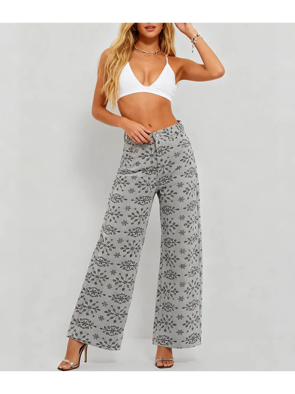 Geometric Jacquard Button Front Wide Leg Denim Pants