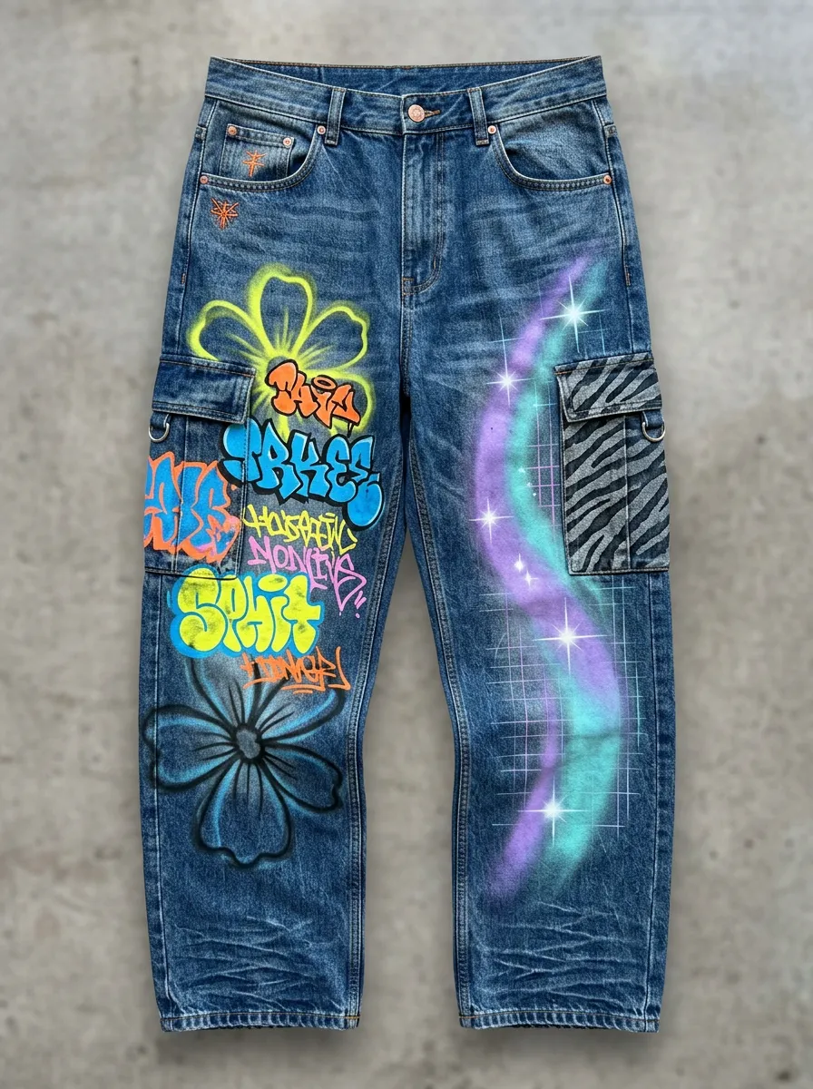 Men's Streetwear Graffiti Flower Zebra Graphic Cargo Jeans