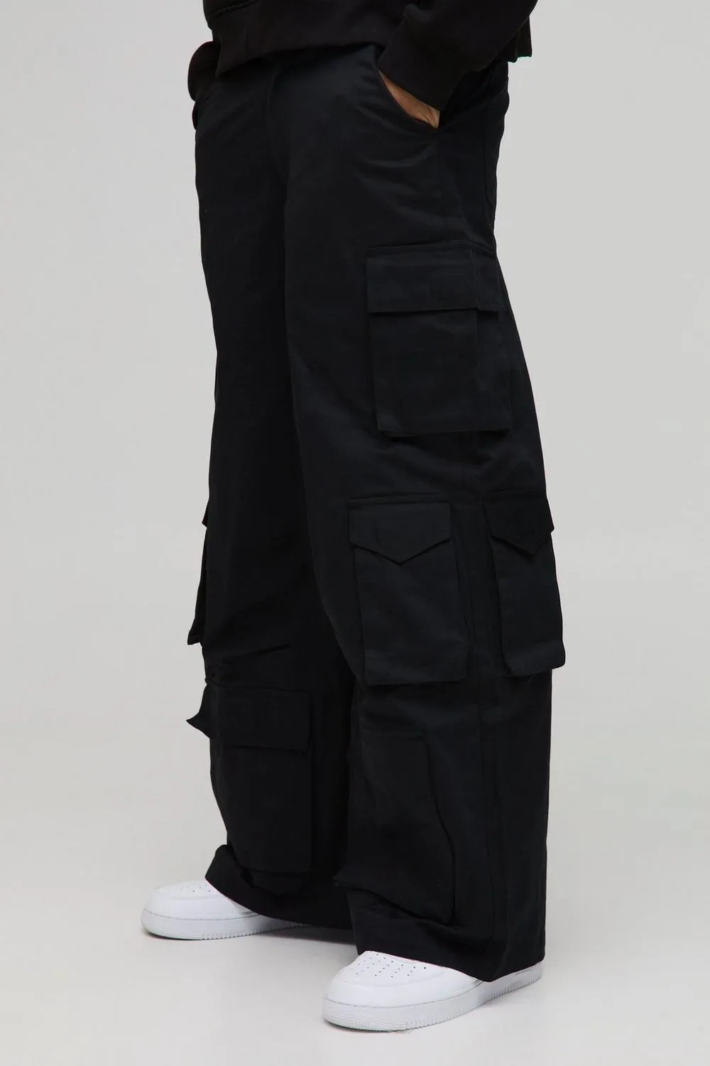 Black Extreme Baggy Rigid Multi Cargo Pocket Pants Daily Casual Style