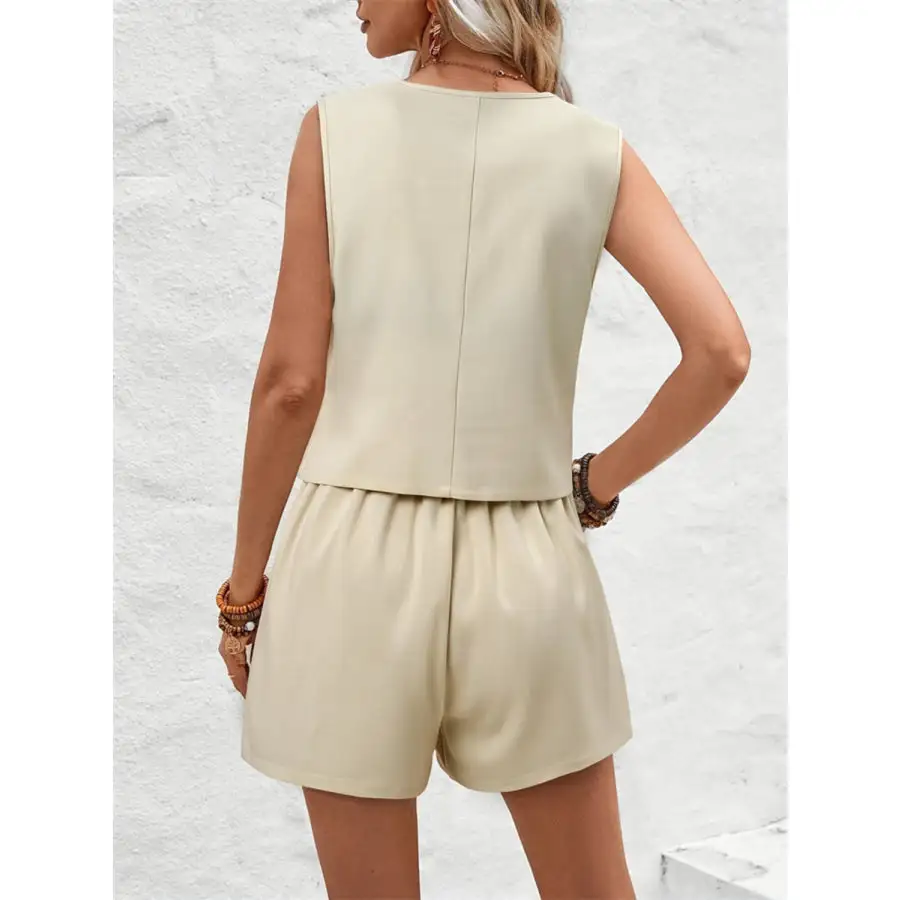 V Neck Button Down Vest and Shorts Set