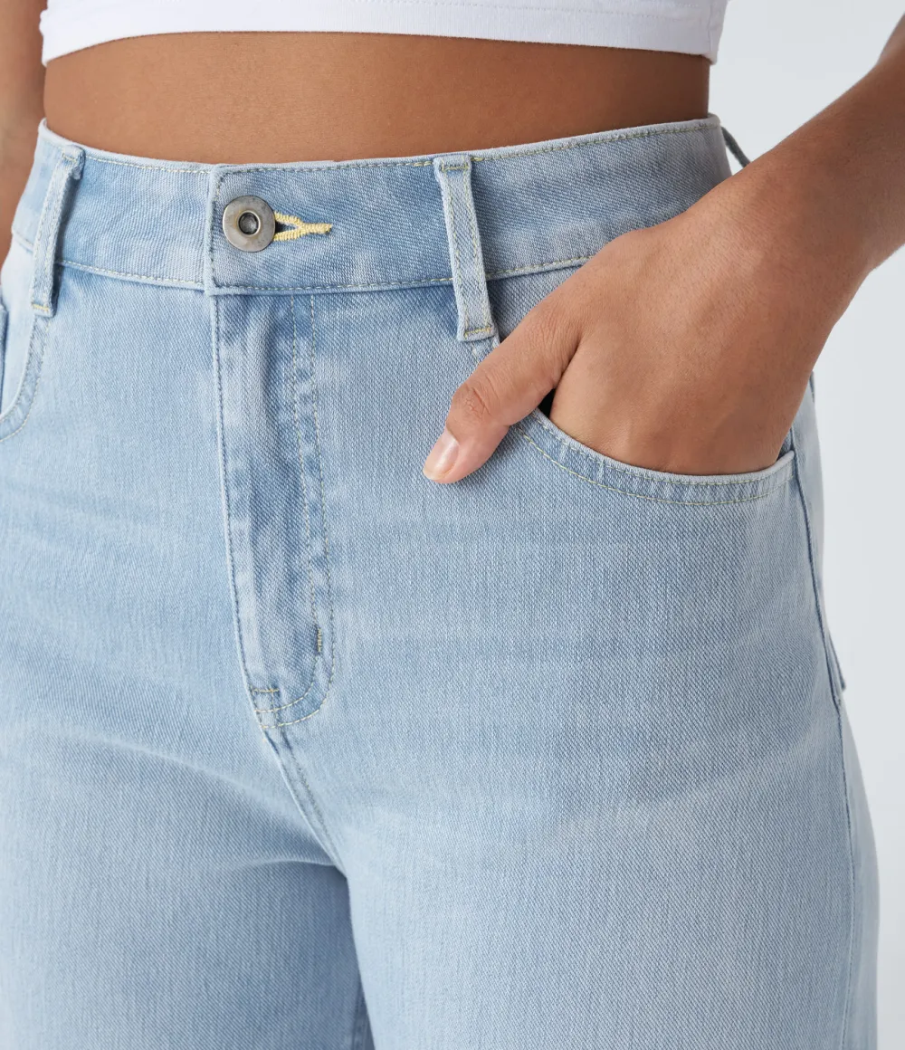 Magic High Waisted Multiple Pockets Rolled Hem Wide Leg Washed Stretchy Knit Casual Jeans