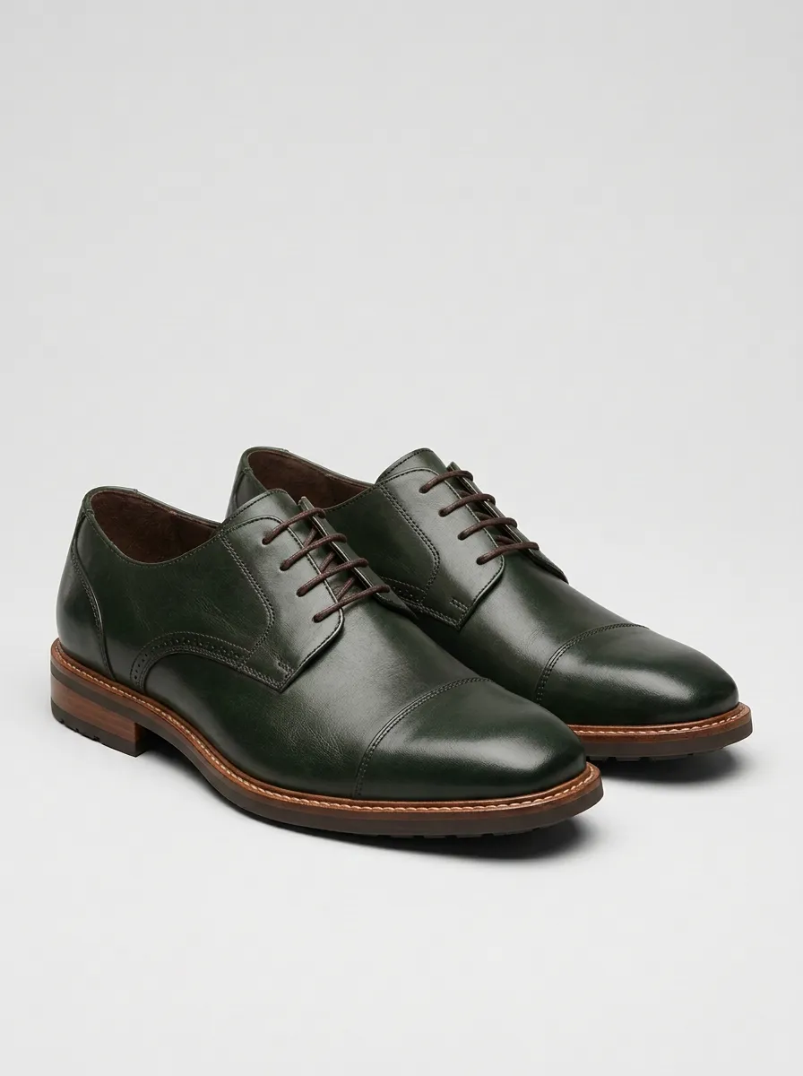 Men's Cap-Toe Brogue Lace-Up Leather Polished-Finish Oxford Shoes