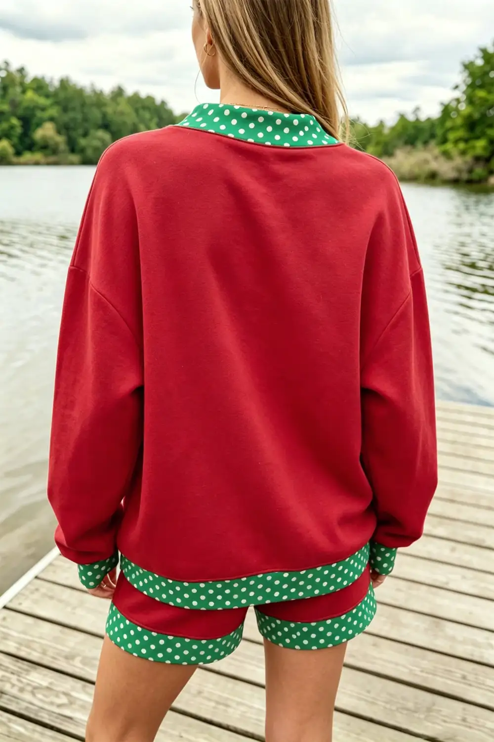 Women's Polka Dot Trim Baggy Pullover Two Piece Short Matching Set