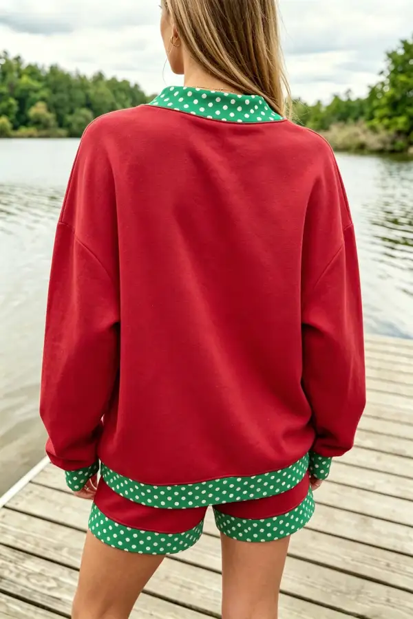 Women's Polka Dot Trim Baggy Pullover Two Piece Short Matching Set