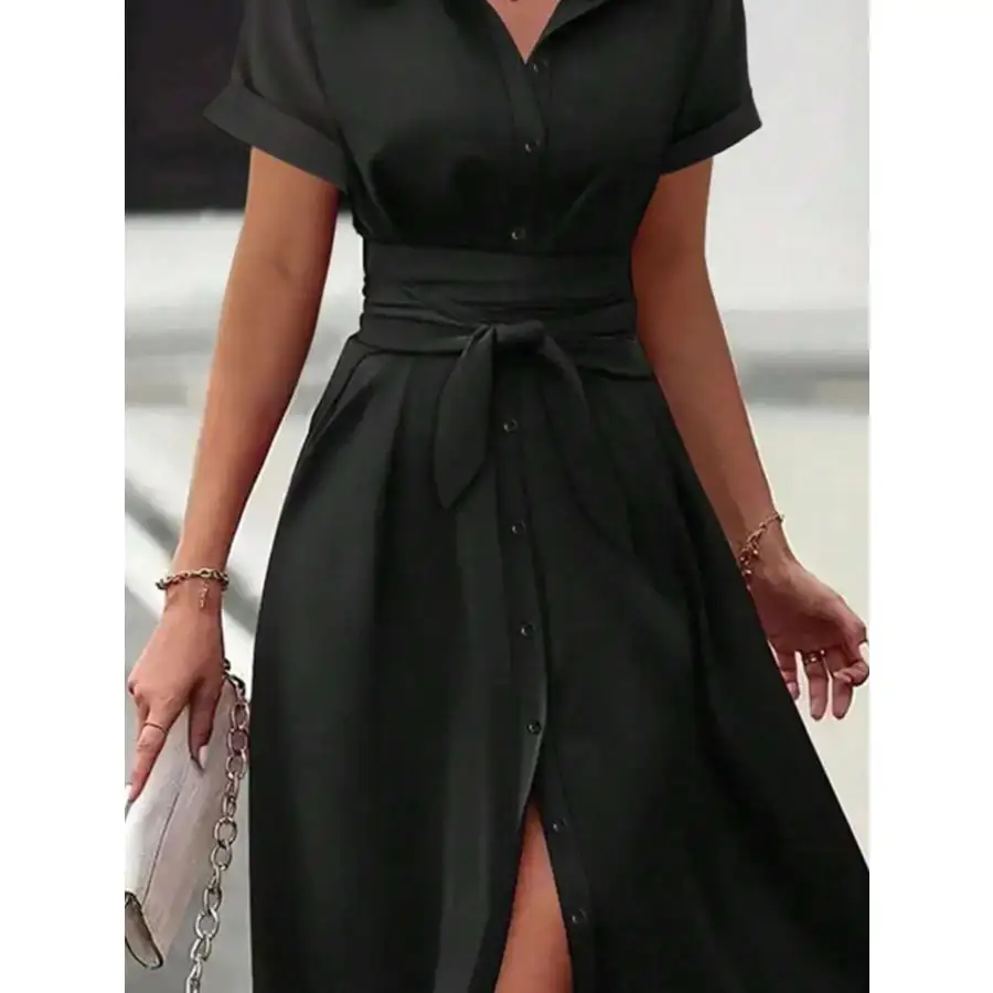Button Down Belted Midi Shirt Dress