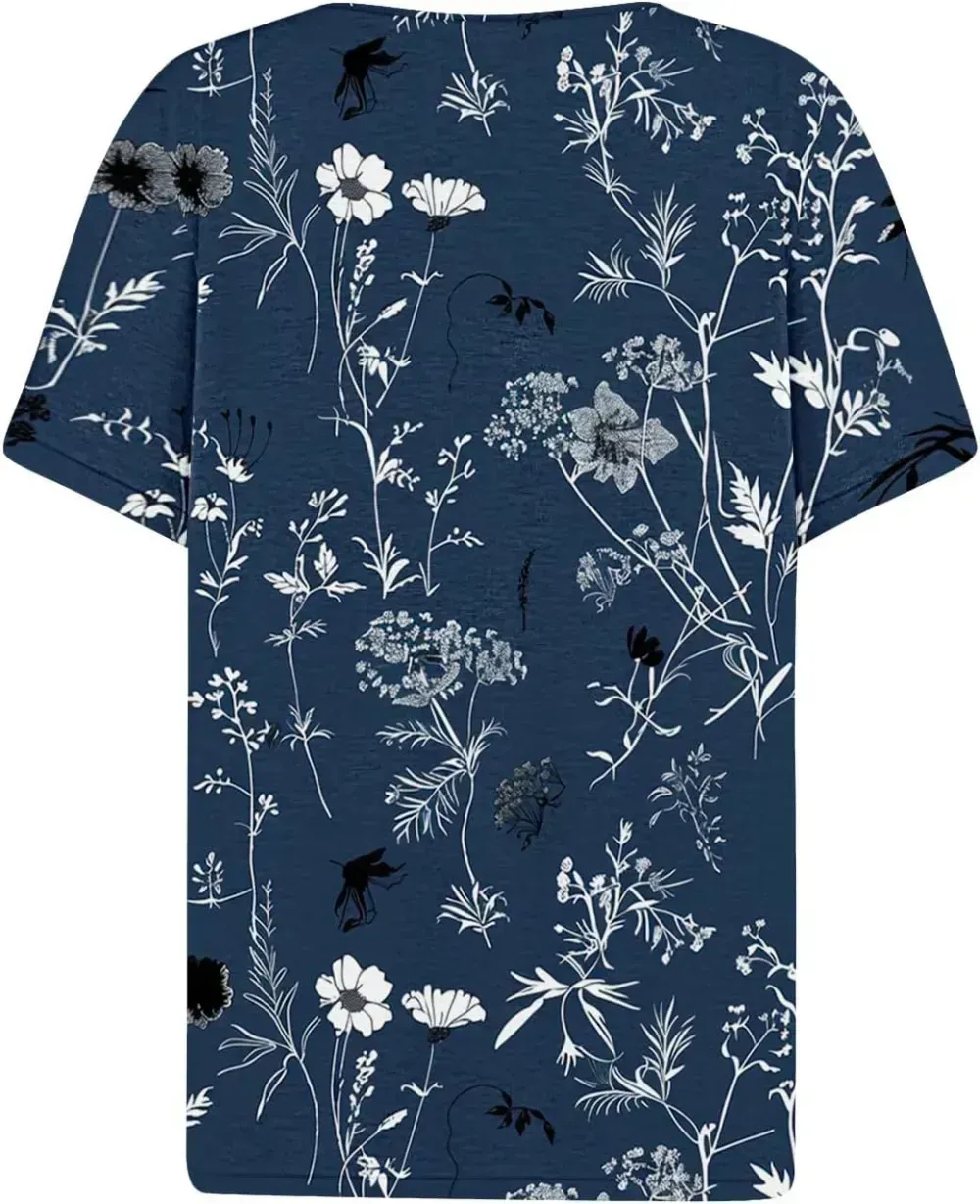 Shirts for Women Casual Printed Summer Tops Short-Sleeved Button V-Neck Tops Blouse Fashion Boho T-Shirts