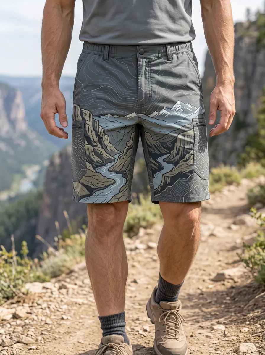 Men's Hiking Outdoor Mountain River Topographic Cargo Shorts