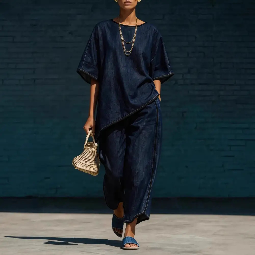 Wide-Leg Denim Knit Women's Matching Set