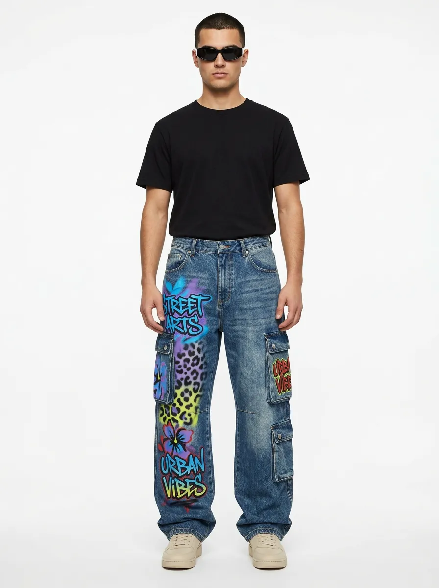 Men's Street Style Graffiti Leopard Cargo Jeans