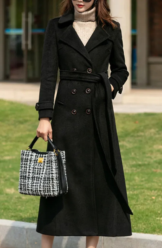 Wool Blend A Line Double Breasted Belted Pocketed Long Coat