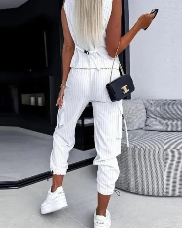 Women's Fashion Stripe Vests and Pocket Drawstring Pants Two-piece Set