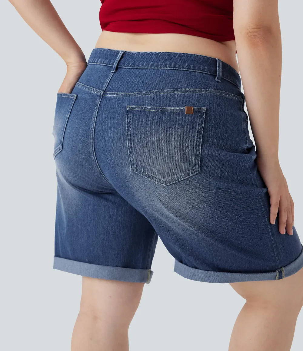  High Waisted Multiple Pockets Rolled Hem Washed Stretchy Knit Denim Casual Plus Size Bermuda Shorts