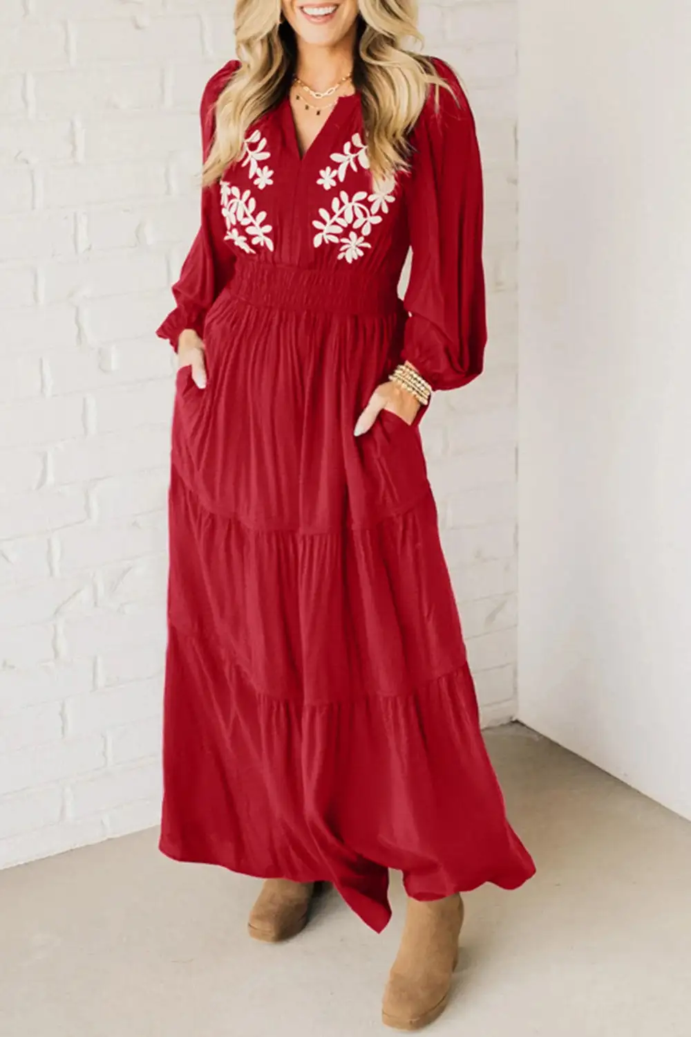Racing Contrast Embroidered Detail Cinched Waist Tiered Long Sleeve