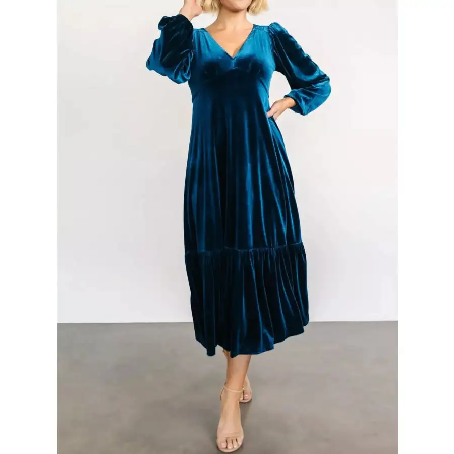 Velvet Tiered Long Sleeve Midi Dress