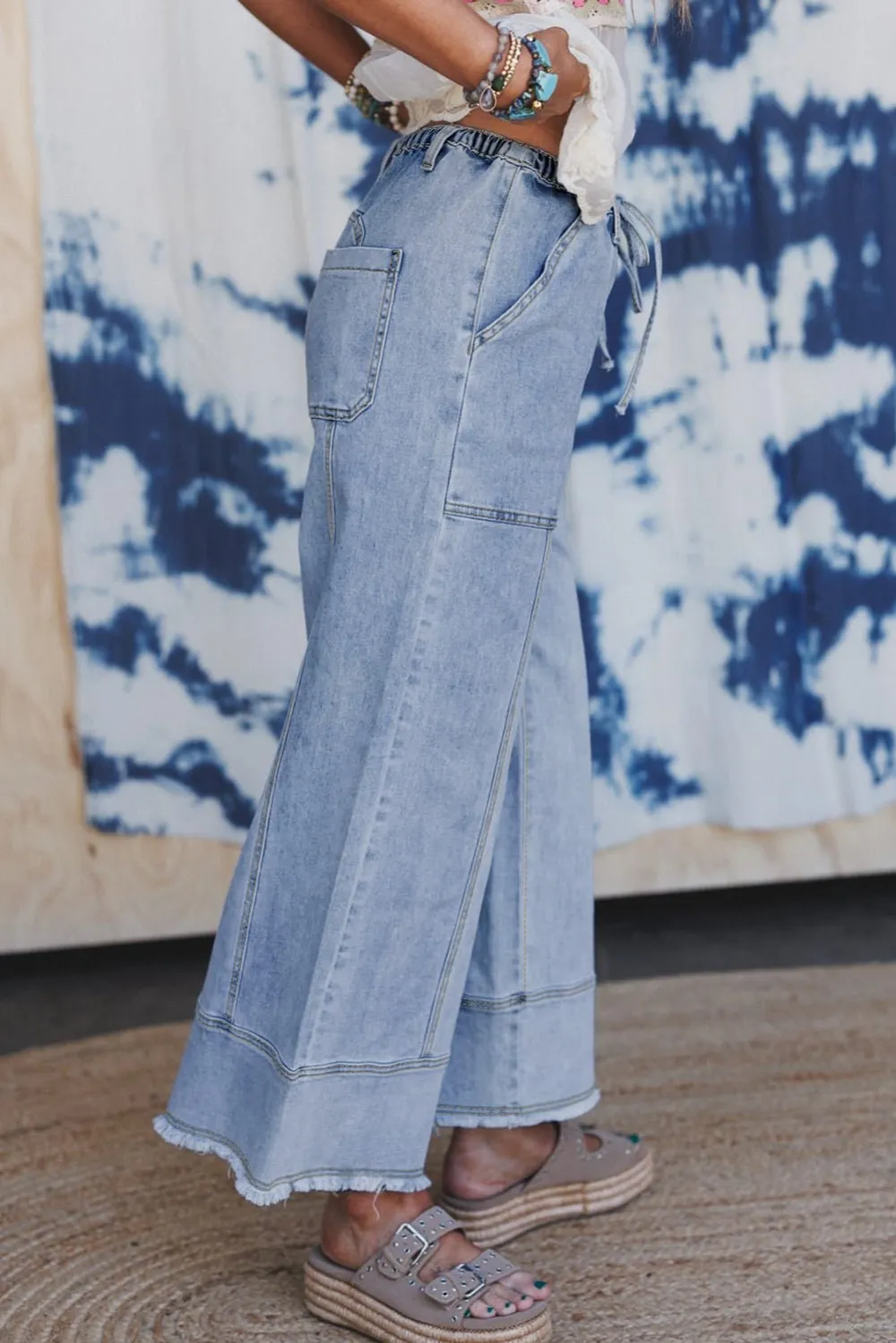 Drawstring Relaxed Fit Wide Leg Raw Hem Casual Jeans