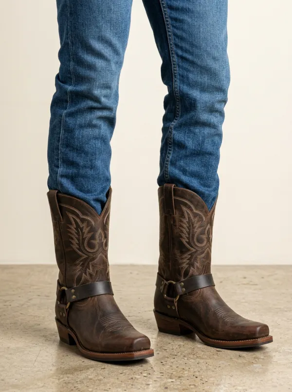 Men's Frontier Western Brown Leather Embroidered Harness Boots
