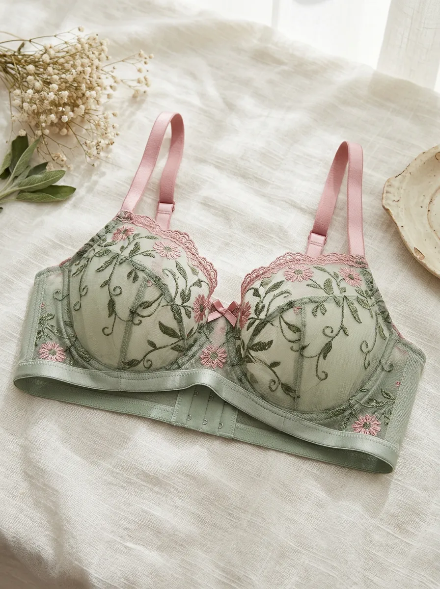 Women's Floral Embroidery Mesh Pink Green Lace Bra