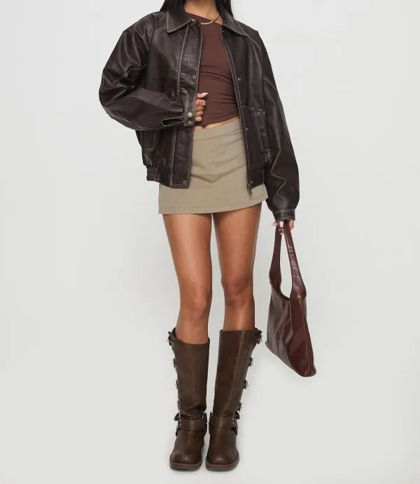 Brown Faux Leather Ribbed-Hem Jacket