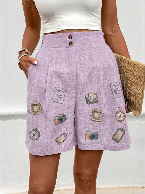 Women's Travel-Inspired Passport Camera Compass Printed Shorts