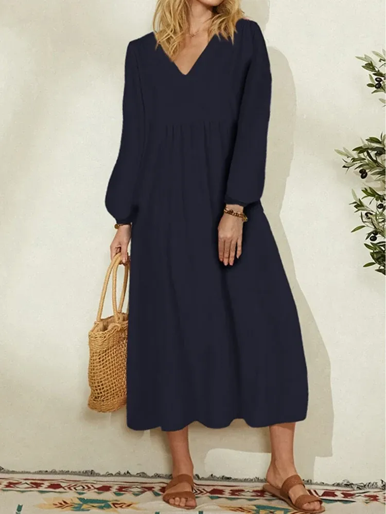 Long Sleeve Linen Blend Cotton Blend Maxi Soft Drape Dress