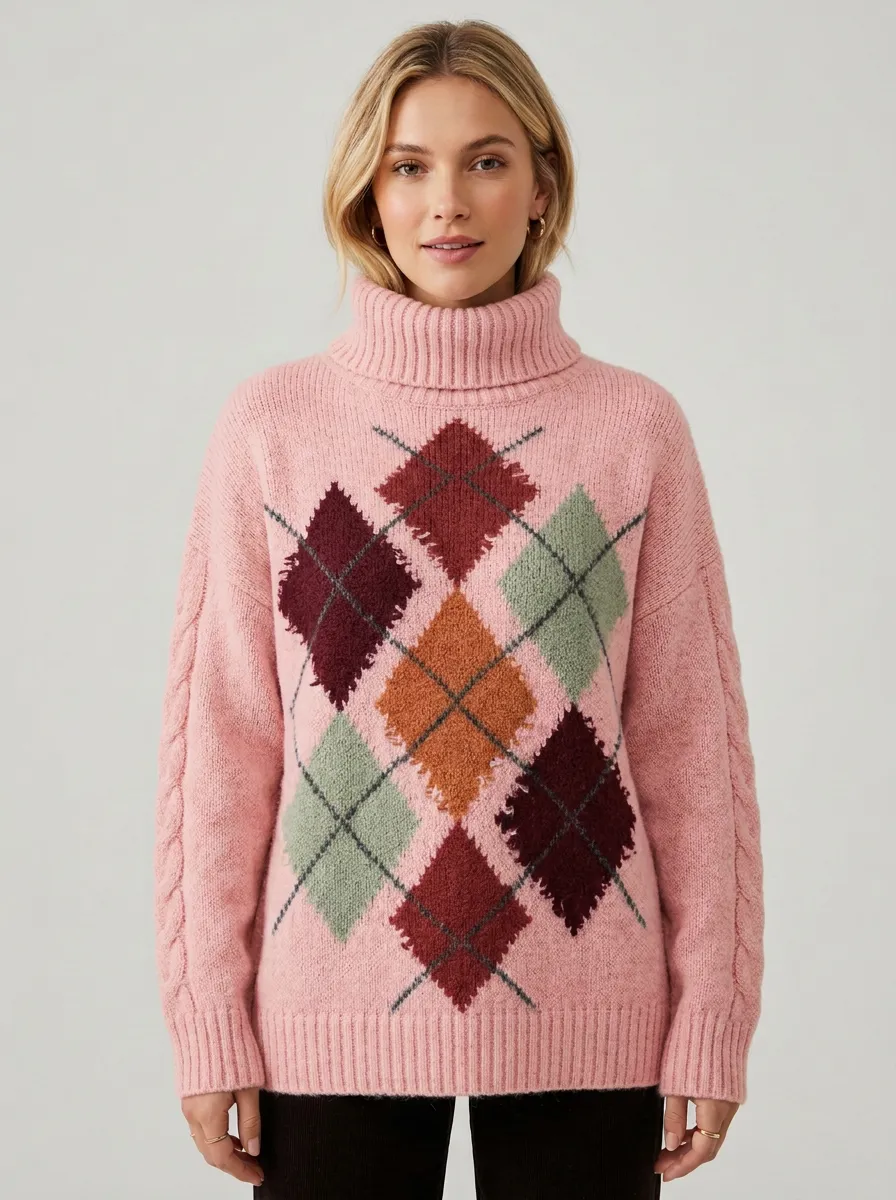 Women's Vintage Argyle Pattern Knitted Turtleneck Sweater