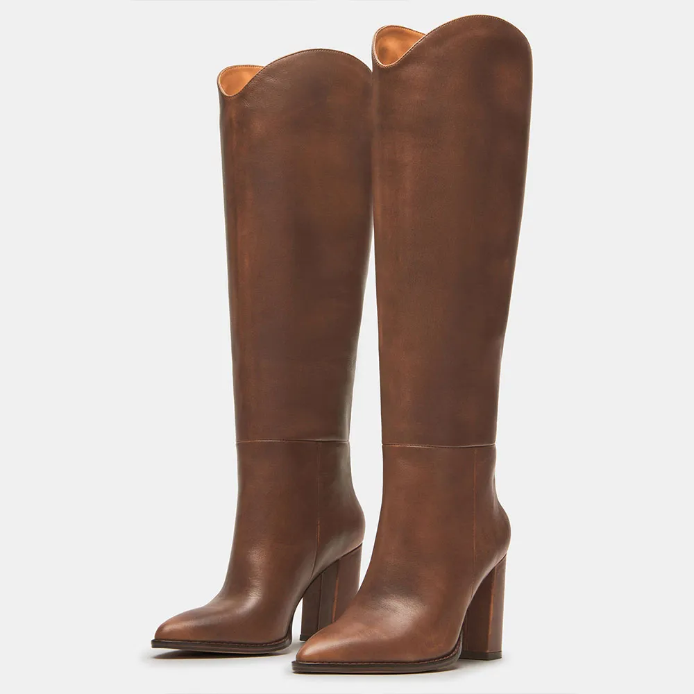 Classic Faux-Leather Pointed-Toe Chunky-Heel Platform Knee-High Boots