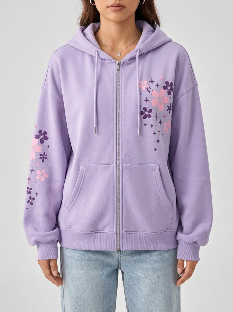 Women's Dreamlike Florals and Cherry Blossom Printed Zip Up Hoodie