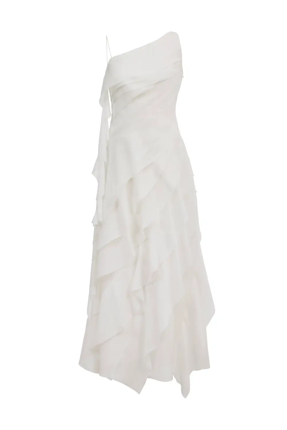 One Shoulder Ruffled Tie Front Silk Maxi Dress