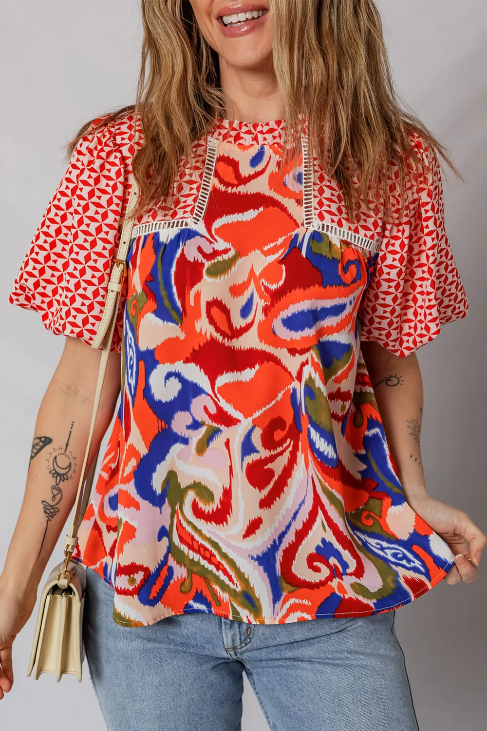 Red Paisley Geometric Mixed Print Blouse